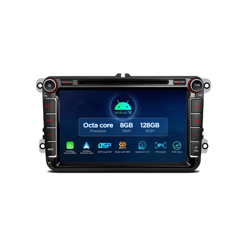 Radio Android 12 GPS DVD 2 DIN 8 para VW, SEAT, SKODA Mirrorlink Carplay